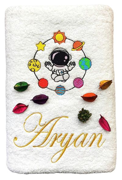 Astronaut in Space with Planets/Solar System Personalised Kids Bath Towel