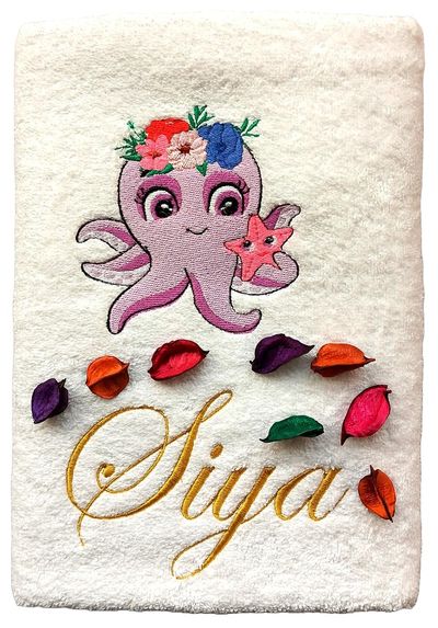 Baby Octopus Girl with Starfish Friend Personalised Kids Bath Towel