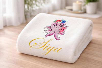 Baby Octopus Girl with Starfish Friend Personalised Kids Bath Towel