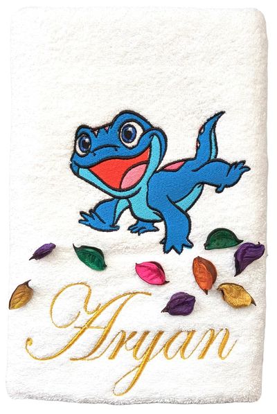 Blue Lizard Friend Personalised Kids Bath Towel (White)