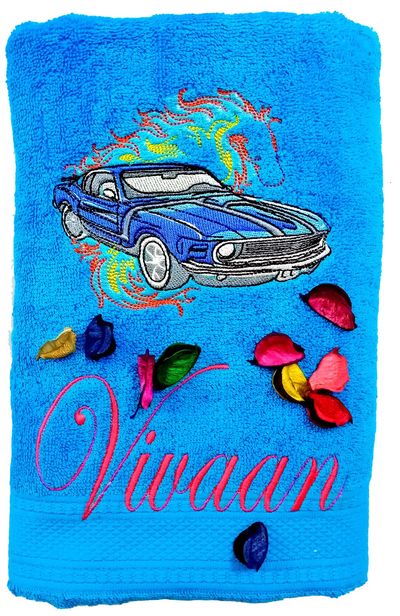 Personalised Blue Mustang Car Bath Towel