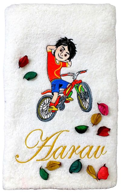 Boy on Cycle/Bike, Personalised Kids Bath Towel
