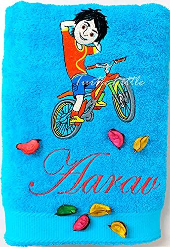 Boy on Cycle/Bike Personalised Kids Bath Towel