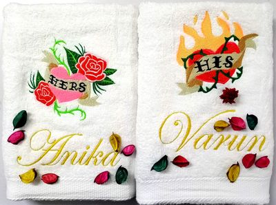 Burning Hearts Personalised Valentines Couple Bath Towel Set
