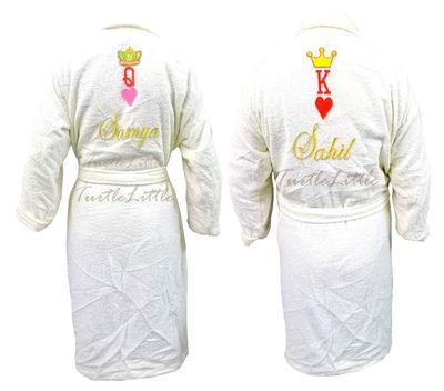 Personalized Couple Bathrobes, King and Queen of Hearts with Crown, with Name and Initials