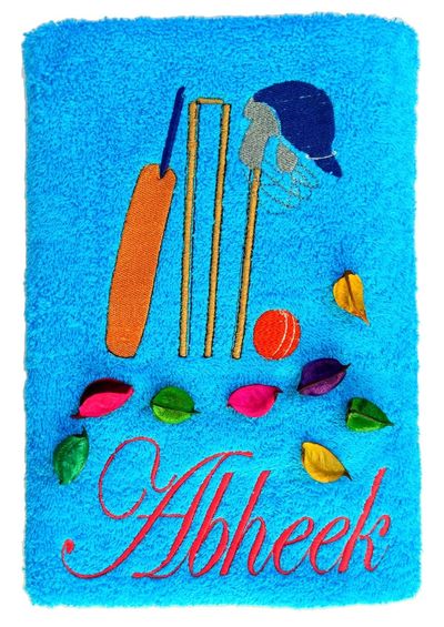 Cricket Bat and Ball Personalised Kids Bath Towel (Blue)