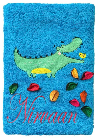 Crocodile and Its Bird Friend Personalised Kids Bath Towel (Blue)