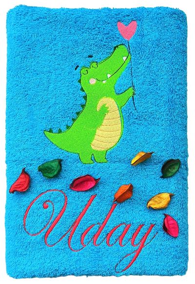 Crocodile with Heart Personalised Kids Bath Towel (Blue)