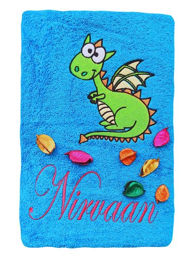 Cute Baby Dinosaur Personalised Kids Bath Towel (Blue)
