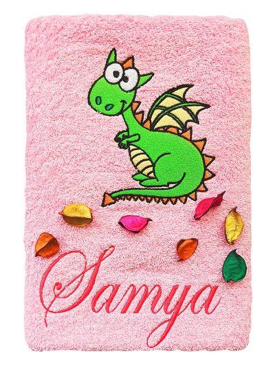 Cute Baby Dinosaur Personalised Kids Bath Towel (Pink)