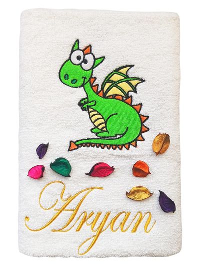Cute Baby Dinosaur with Flower Personalised Kids Bath Towel (White)