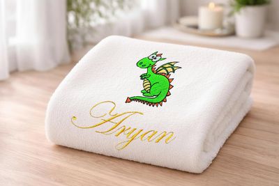 Cute Baby Dinosaur with Flower Personalised Kids Bath Towel (White)
