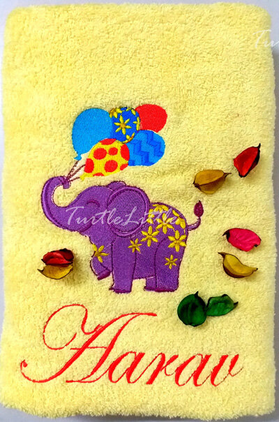 Baby Elephant with Party Balloons, Personalised Towel