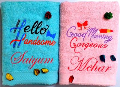 Fabric Handsome and Gorgeous Personalised Valentines Couple Bath Towels (Multicolour, 5 by 2.5Ft)