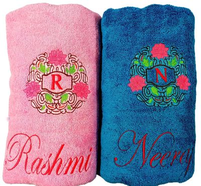 Floral Emblem Personalised Valentines Couple Bath Towels