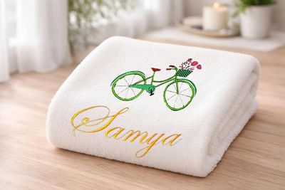 Girls Bicycle with Flowers Personalised Bath Towel