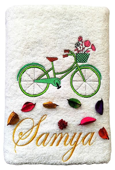 Girls Bicycle with Flowers Personalised Bath Towel