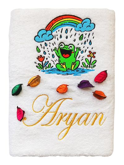 Happy Frog Under Rainbow Personalised Kids Bath Towel