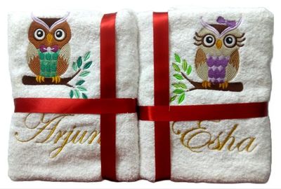 Personalised He and She Owls Kids Bath Towel