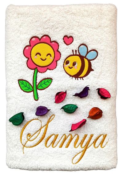 Honey Bee in Love with Flower Personalised Kids Bath Towel (White)