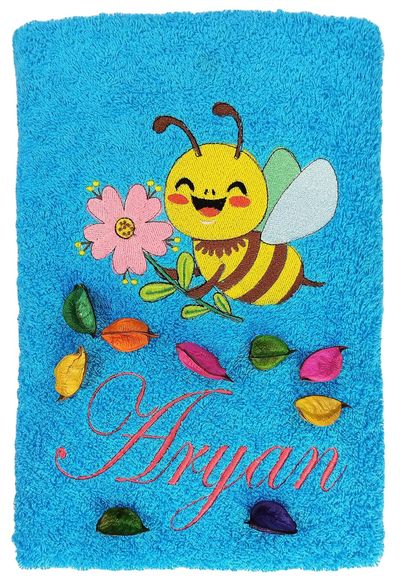 Honey Bee with Flower Personalised Kids Bath Towel (Blue)