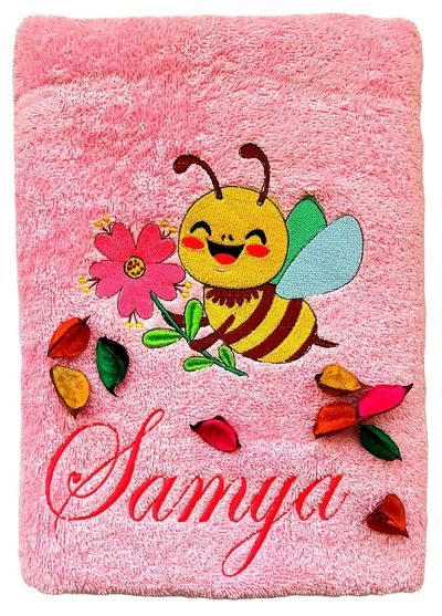 Honey Bee with Flower Personalised Kids Bath Towel (Pink)