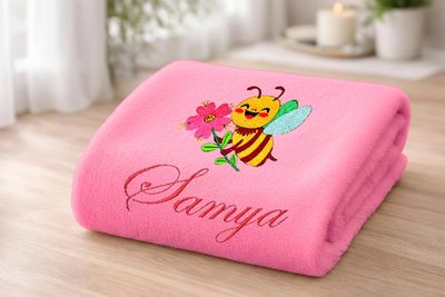 Honey Bee with Flower Personalised Kids Bath Towel (Pink)