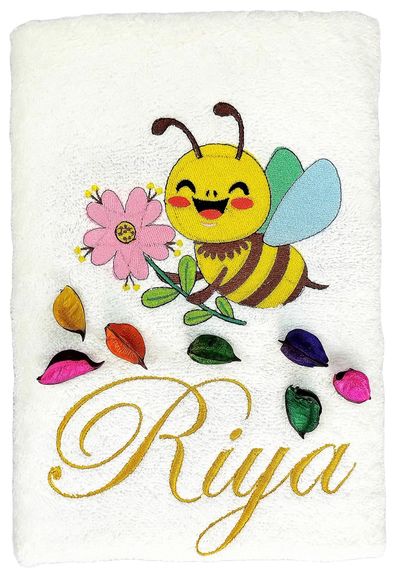 Honey Bee with Flower Personalised Kids Bath Towel (White)