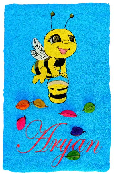 Honey Bee with Honey Bucket Personalised Kids Bath Towel (Blue)