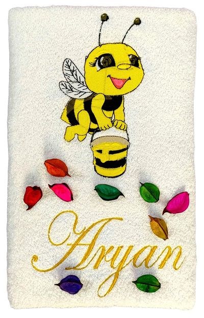 Honey Bee with Honey Bucket Personalised Kids Bath Towel (White)