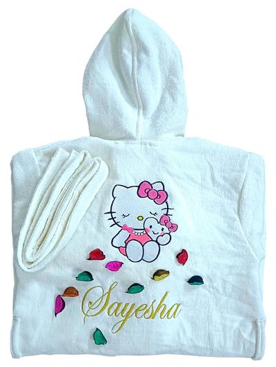 Personalised Kitty with Heart Bathrobe For Girls, with Name and Initials