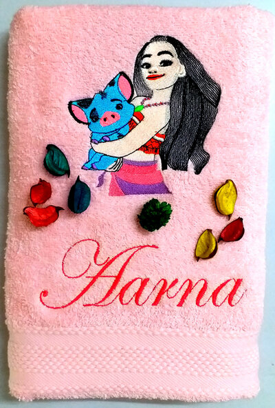 Princess Moana with Pig Friend Personalised Towel