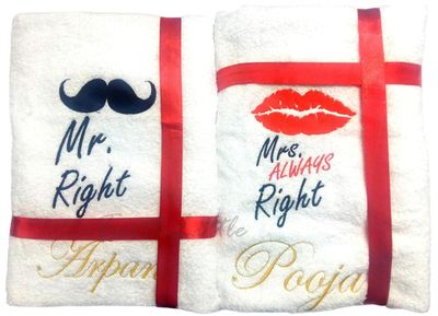 Mr and Mrs Right Personalised Valentines Couple Bath Towel Set