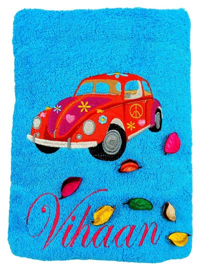 Red Beetle Car Personalised Kids Bath Towel