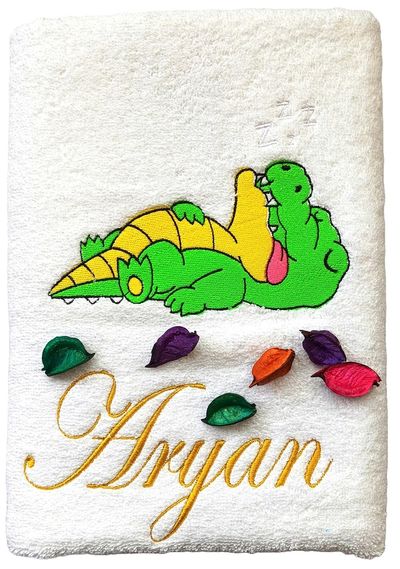 Sleeping Crocodile and Its Bird Friend Personalised Kids Bath Towel (White)