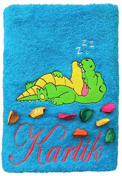 Sleeping Crocodile Personalised Kids Bath Towel (Blue)