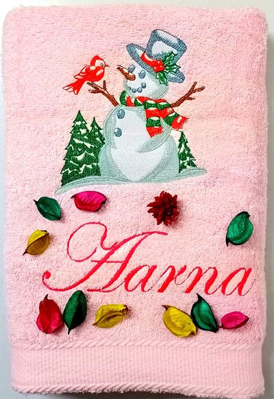 Snow Man with Christmas Tree Personalised Kids Bath Towel