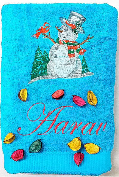 Snow Man with Christmas Tree Personalised Kids Bath Towel