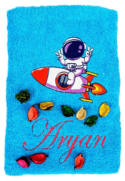 Space Rocket with Astronaut Personalised Kids Bath Towel