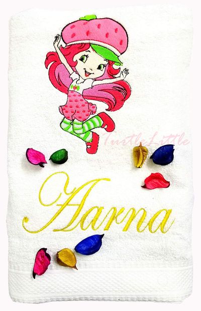 Strawberry Hat Girl, Personalised Kids Bath Towel