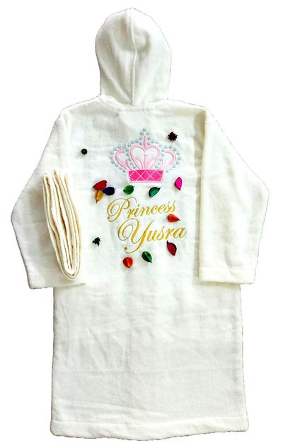 Tiara Crown Hooded Personalised Bathrobe for Girl Kids, with Name and Initials (IN, Age, 4 Years, 6 Years, Ivory White)