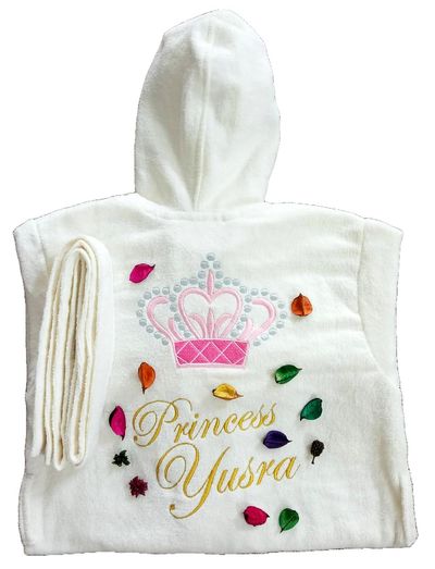 Tiara Crown Hooded Personalised Bathrobe for Girl Kids, with Name and Initials (IN, Age, 4 Years, 6 Years, Ivory White)