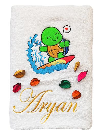 Turtle Surfing in The Ocean Personalised Kids Bath Towel