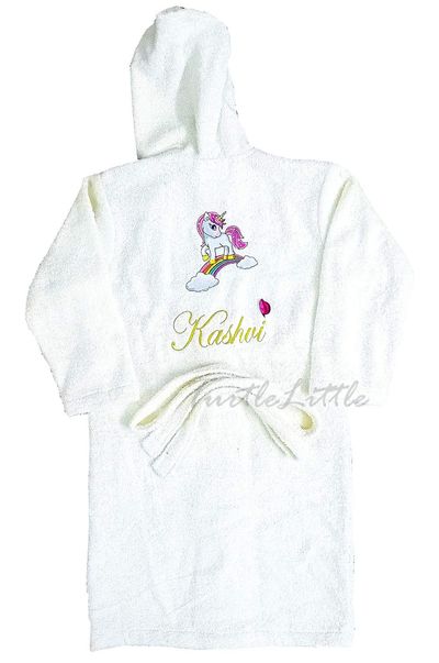 Personalised Unicorn Pony Bathrobe with Hood for Kids, with Name and Initials