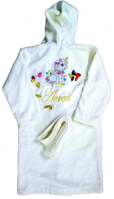 Personalised Unicorn Pony Bathrobe with Hood for Kids, Girls, with Name and Initials