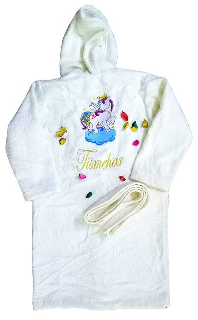 Personalised Unicorn Pony Princess Bathrobe with Hood for Kids, with Name and Initials